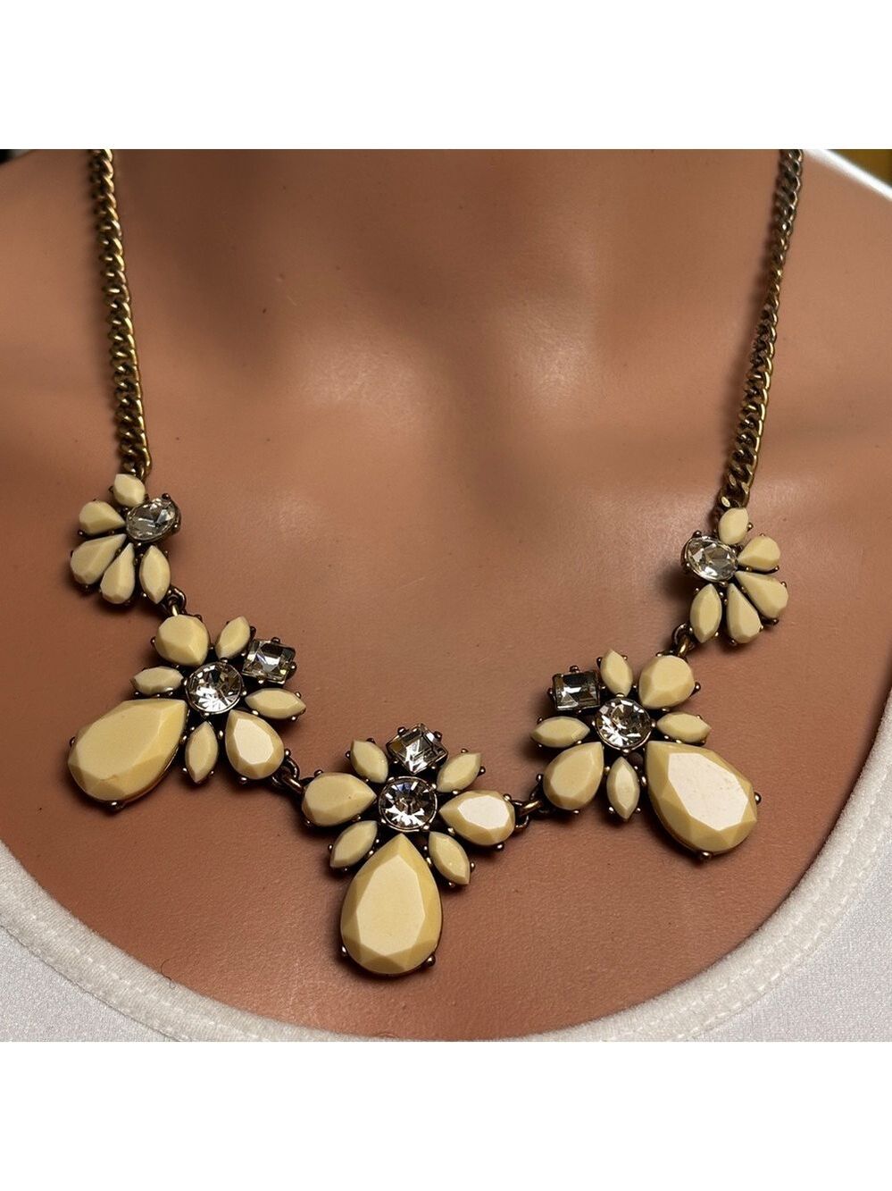 J.Crew Floral Crystal Statement Necklace 20" Cream Gold